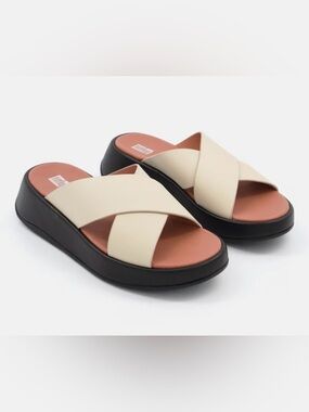FITFLOP F-MODE LEATHER FLATFORM CROSS SLIDES STONE BEIGE/BLACK Sz 10 Neutral New